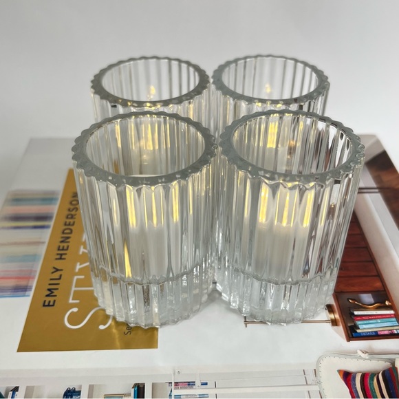 Ribbed Glass Candle Holder Set of 4 Clear Heavy Chic Holiday Home Decor - Picture 1 of 14